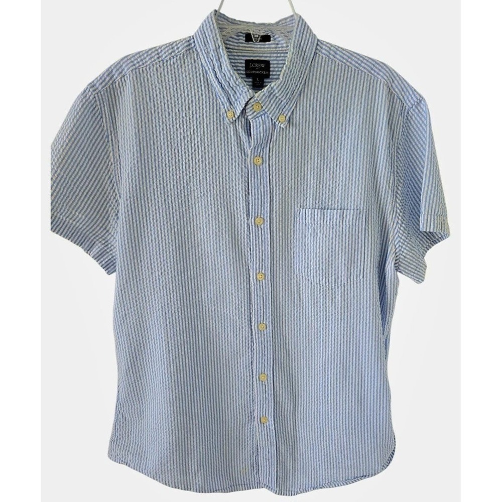 J.Crew Seersucker Button Front Shirt Men XL Blue White Striped Short Sleeve
